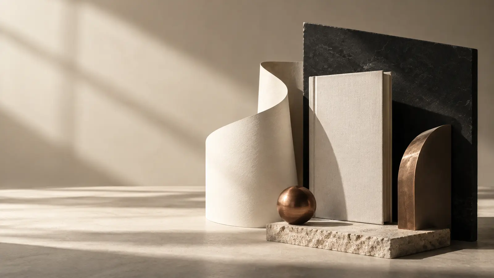 Sculptural paper, a bound folio and copper forms arranged in directional light
